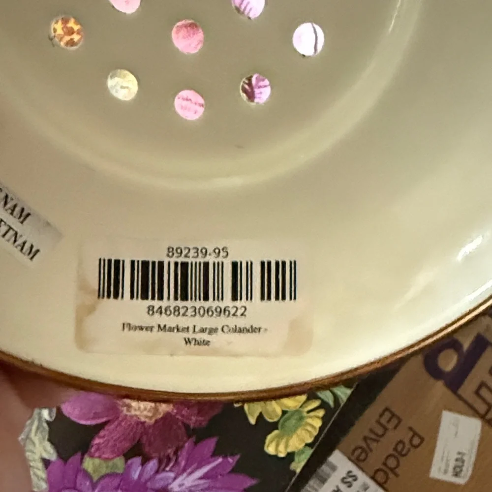 MacKenzie-Childs Floral Cream and Pink Enamel Colander with Gold Trim